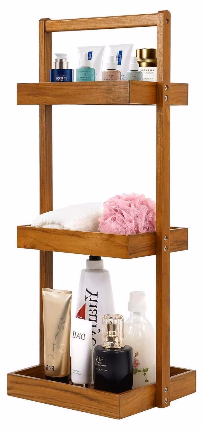 Scaffale da doccia in legno di teak, 3 ripiani, modello angolare, da appoggio, dimensioni 30,5 x 25,4 x 75,8 cm