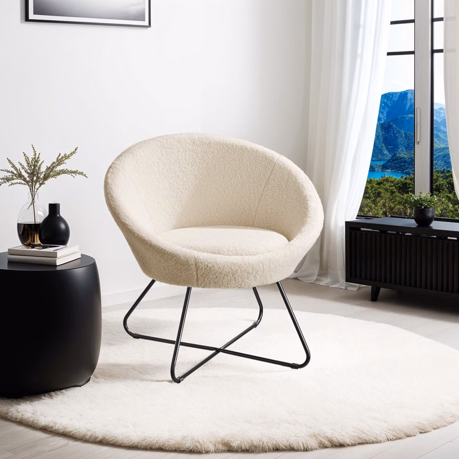 Poltrona cocktail Centera tectake imbottita rotonda in bouclé bianco avorio – 3