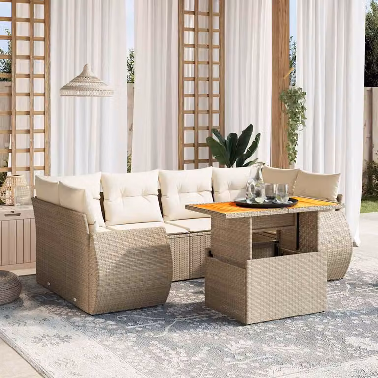 vidaXL Set Divani da Giardino 7 pz a L in Polyrattan con Cuscini Beige e Tavolino da Esterno