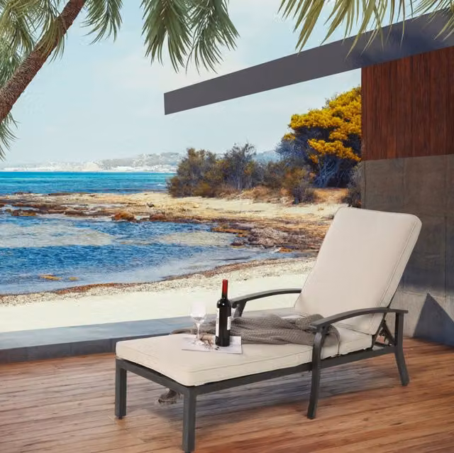Sedia Lounge da Esterno in Alluminio con Cuscino in Cotone Beige, Schienale Regolabile per Giardino e Piscina