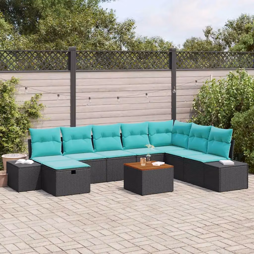 Set Divano da Giardino Moderno vidaXL in Poly Rattan Nero e Turchese, 9 Pezzi