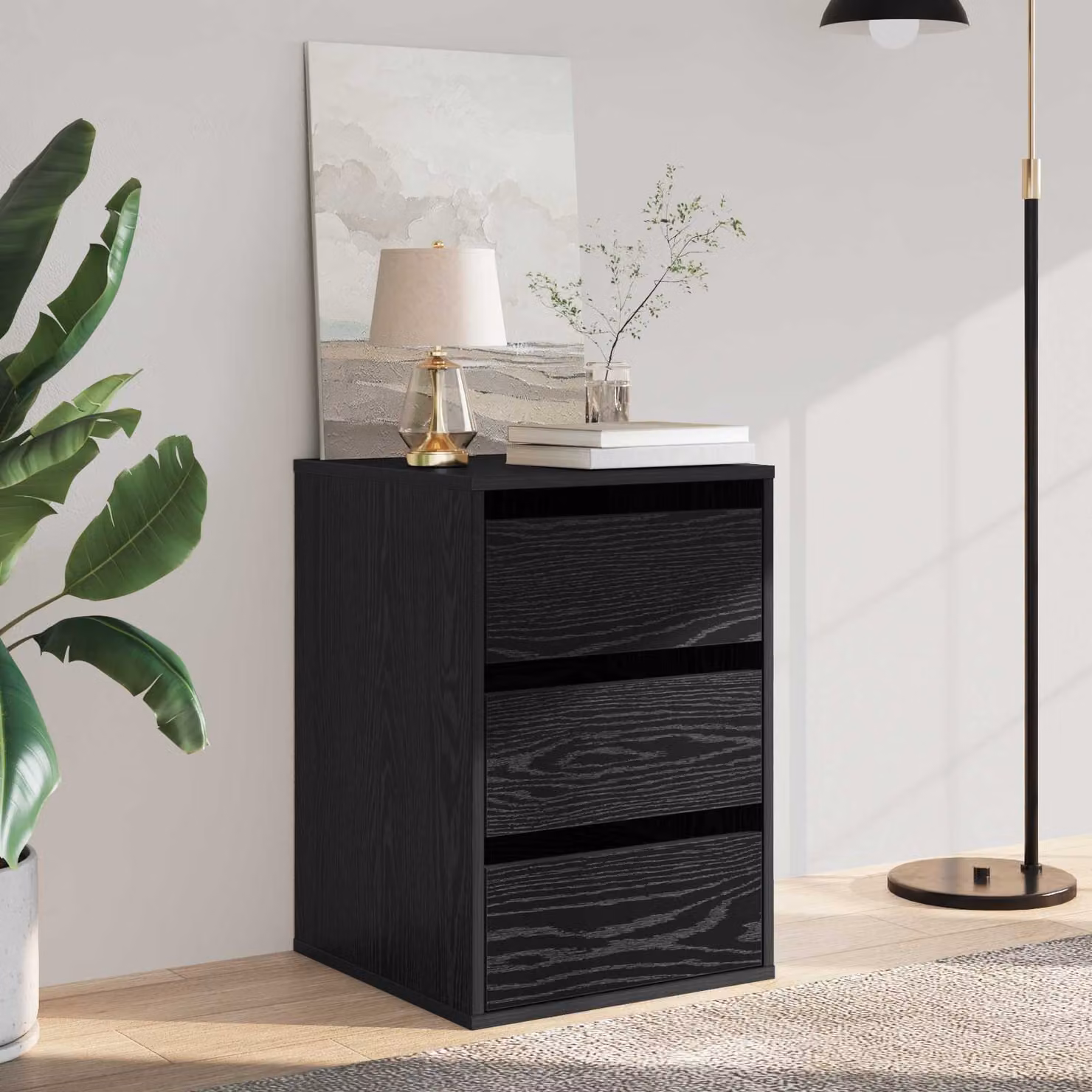 Mobile con 3 cassetti vidaXL in rovere nero con ruote L 41 cm, P 40 cm, H 58 cm