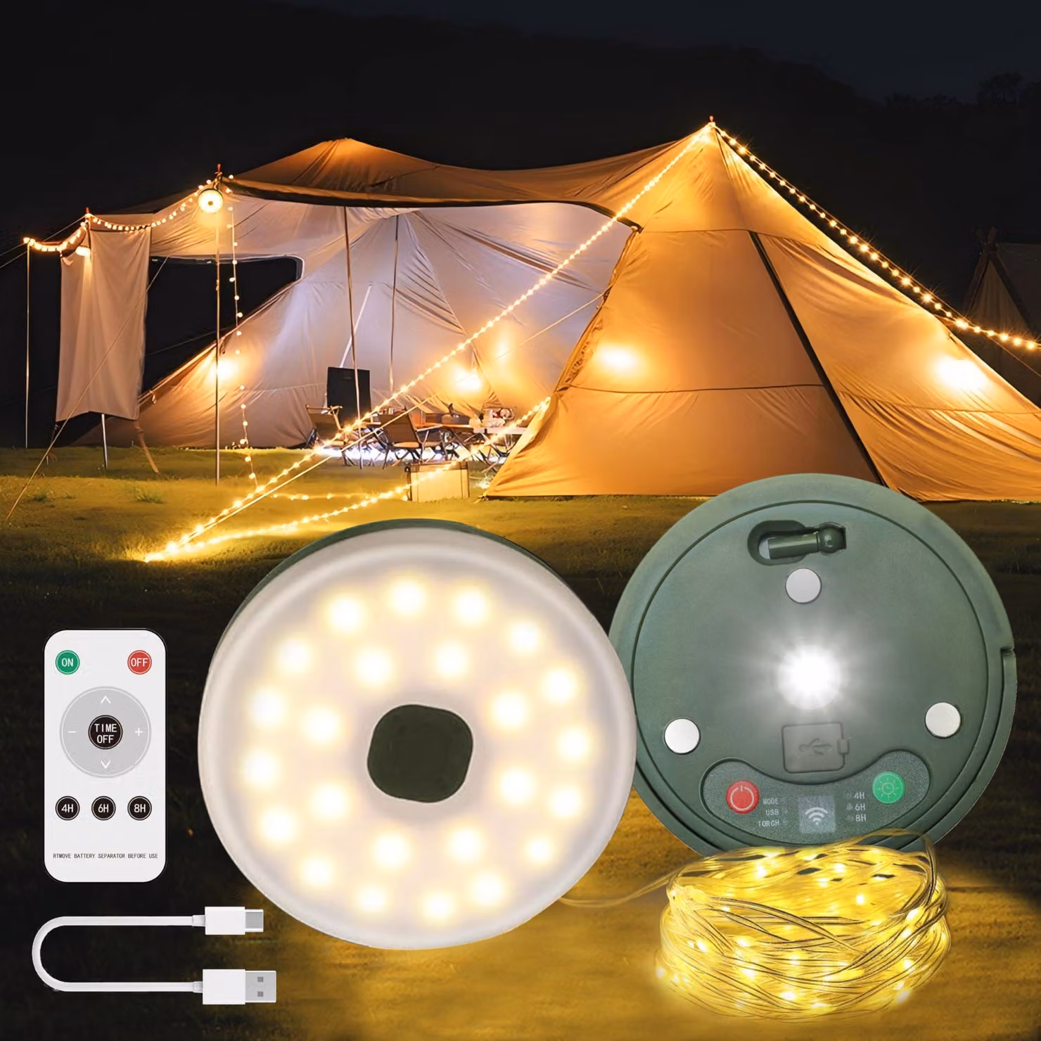 Catena luminosa da campeggio, 10 metri, 9 modalità, grado di protezione IPX4, alimentazione USB, arrotolabile