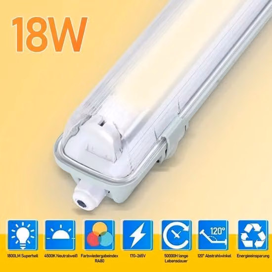 Striscia LED acqua resistente per tubo T8, illuminazione LED a LED-strip con protezione IP65, 120x LED TL cm, 1 x 18W, bianco neutro