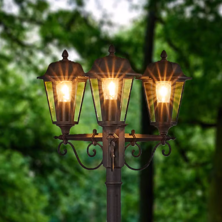 Lindby lampada da esterno Lamina, 172 cm, a 3 luci, nero ruggine, E27 Lamina, Marrone / Ruggine, Alluminio, Antico