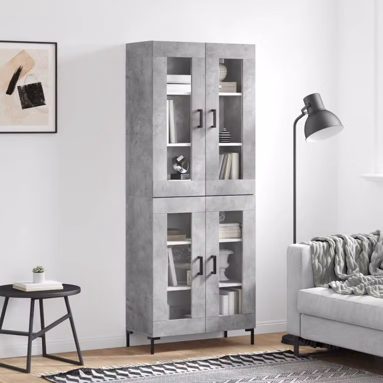 Credenza moderna vidaXL in legno e vetro con ante in vetro, Grigio, L: 69,5 cm, P: 34 cm, H: 180 cm