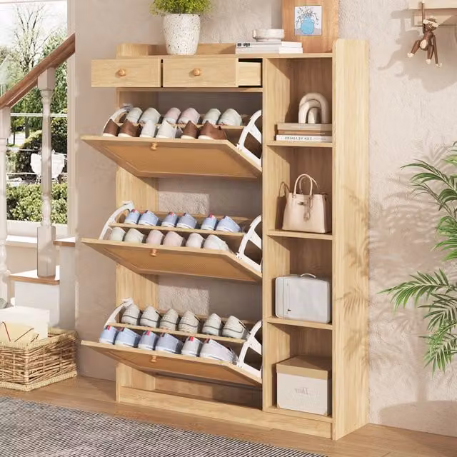 Scarpiera salvaspazio slim Minimal Rovere con 3 ante, 2 cassetti e ripiani regolabili, L: 90 cm, P: 24 cm, H: 103 cm