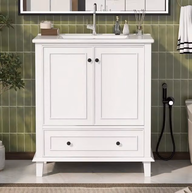 Mobile bagno freestanding 76x46x87 cm con lavabo in ceramica; 2 ante e cassetto; bianco