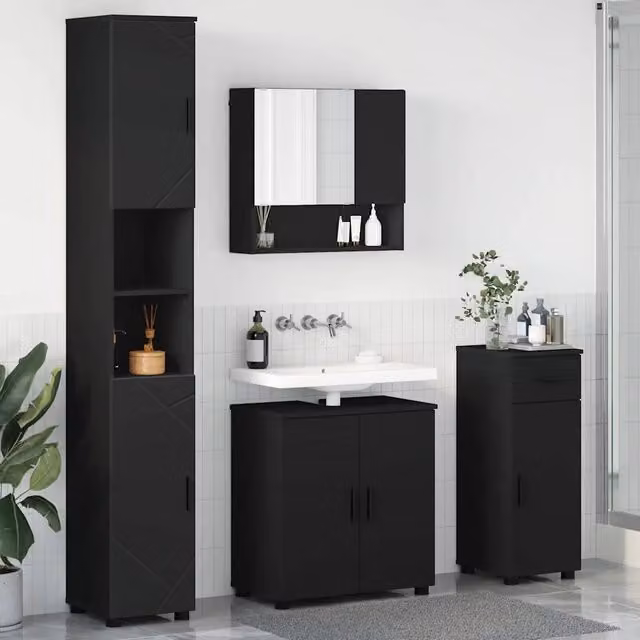 Set di mobili da bagno moderno vidaXL composto da 4 pezzi in legno e metallo, nero e marrone, con illuminazione LED, L/P/H: 61 x 35 x 64 cm