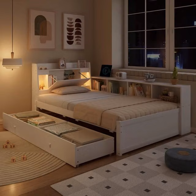 Letto singolo 90 × 200 cm con mensola, 2 luci e presa di ricarica, cassetti laterali, senza materasso, bianco