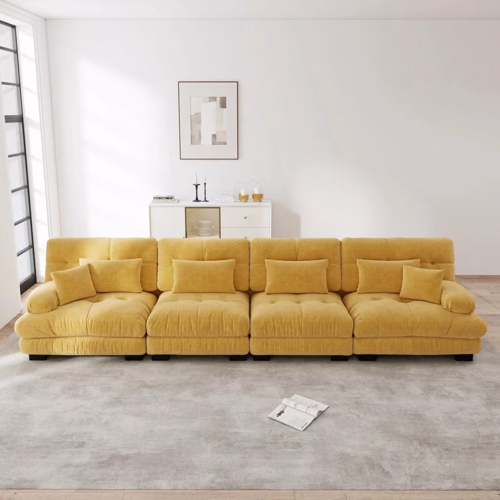 Divano angolare modulare da 4 posti con seduta profonda e cuscini, design moderno in tessuto giallo – 2