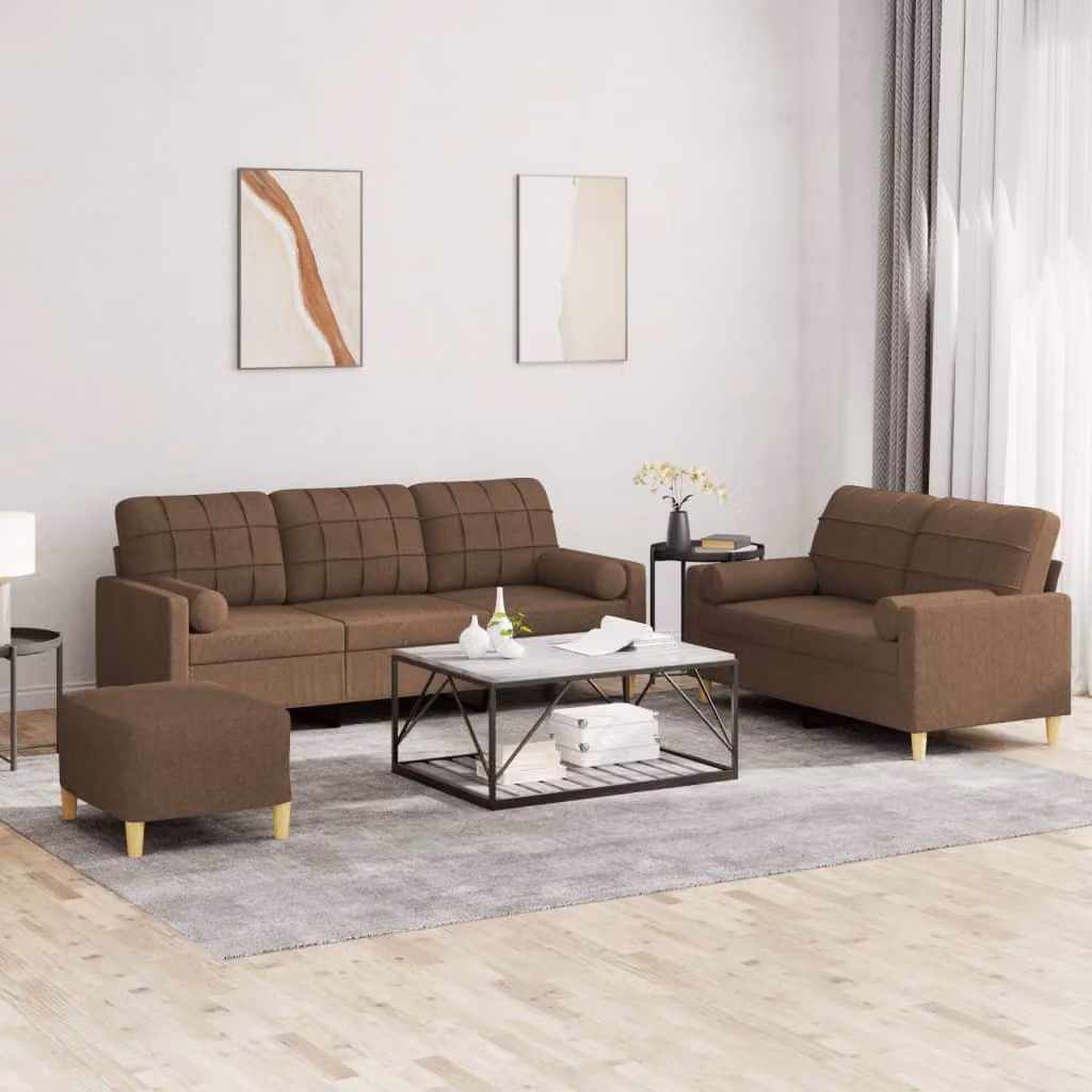 Set di divani vidaXL 3 pezzi con pouf e cuscini, design moderno in tessuto marrone per il tuo soggiorno – 1