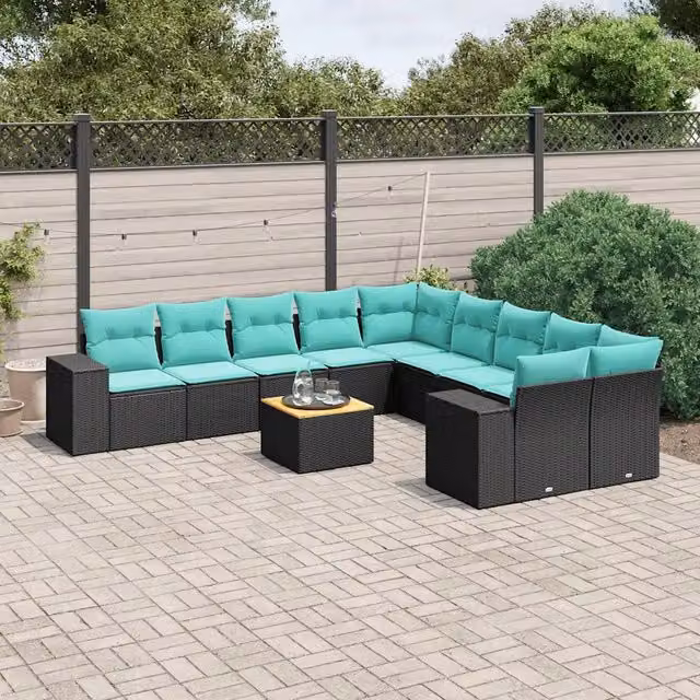Set Divani da Giardino 11 pz con Cuscini Nero in Polyrattan 3225637