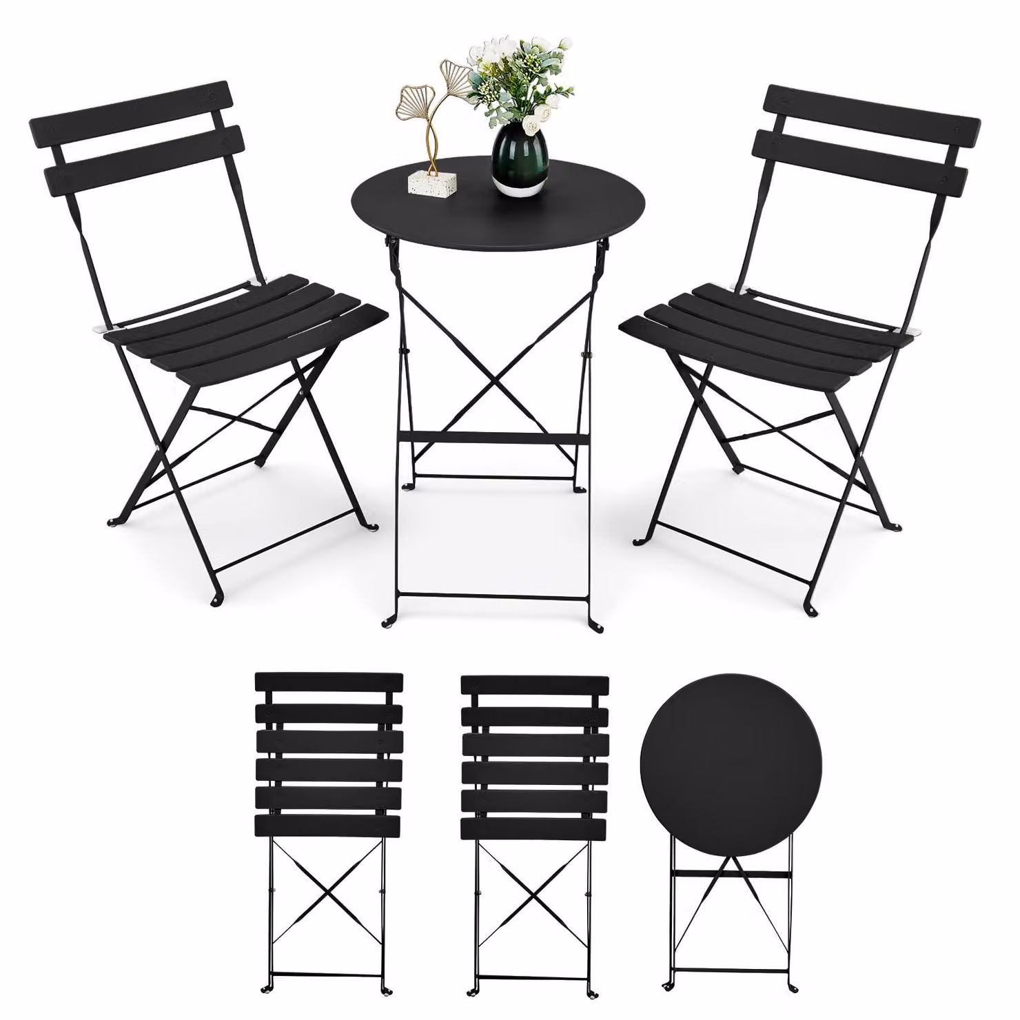Set da giardino Alightup, composto da un tavolo rotondo a 3 pezzi con 2 sedie, ideale per esterni. Set di mobili da giardino pieghevoli, con sedia e tavolo, colore nero