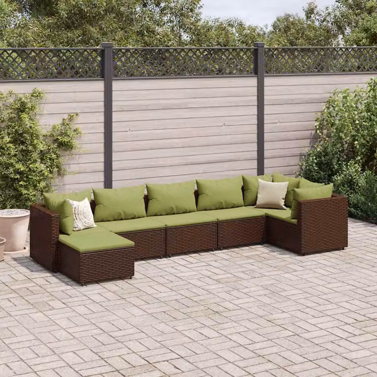 vidaXL Set Divani da Giardino 7 pz a Forma a L con Cuscini in Polyrattan e Struttura in Acciaio Marrone e Verde