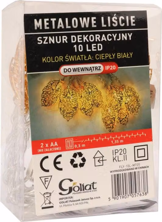 Catena luminosa con foglie LED oro metallizzato per albero di Natale, 10 luci, alimentazione a batteria