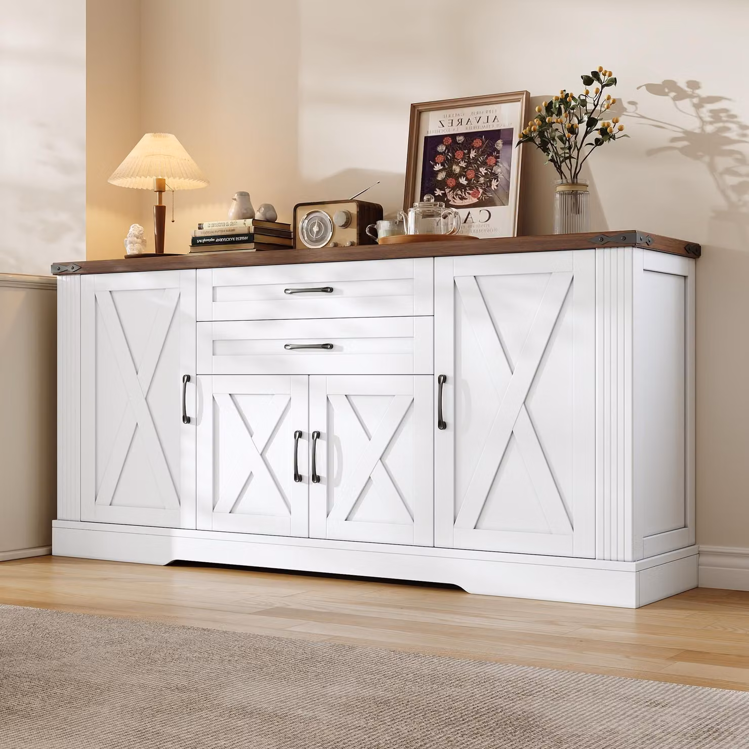 Mobiletto laterale Merax, pensile da cucina con piano di lavoro, credenza con 4 ante e 2 cassetti, mobiletto contenitore, adatto per soggiorno o sala da pranzo, colore bianco