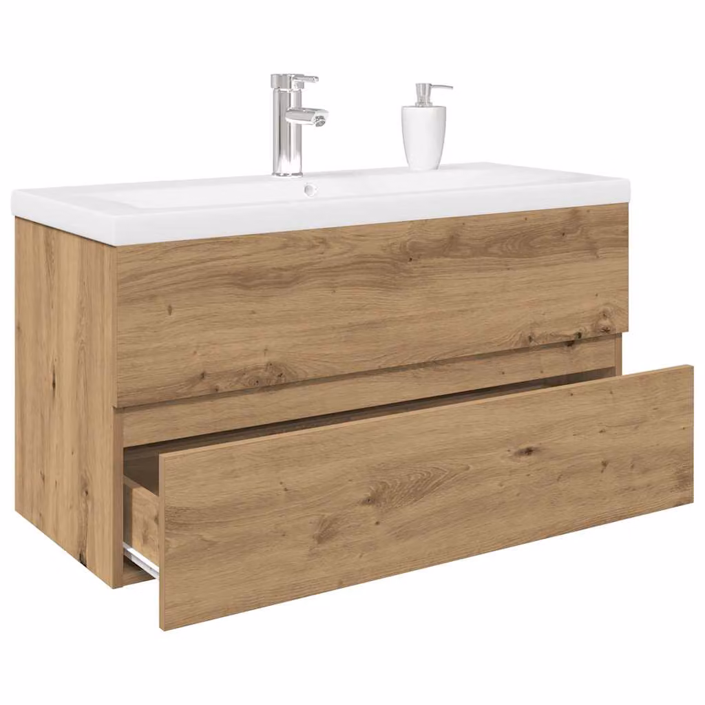 Mobiletto bagno moderno vidaXL con lavabo integrato e rubinetto, design sospeso in legno e MDF, Bianco e Marrone, L: 76,5 cm, P: 38,5 cm, H: 90 cm