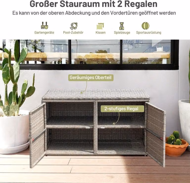 Box da patio in rattan con capacità di 335 L 115 x 60 x 65 cm Grigio
