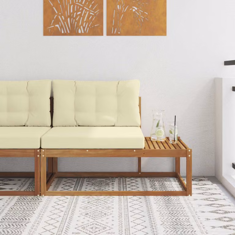 Divano da esterno vidaXL in legno di acacia con cuscini in tessuto beige e marrone L/P/H: 115 x 83 x 73 cm