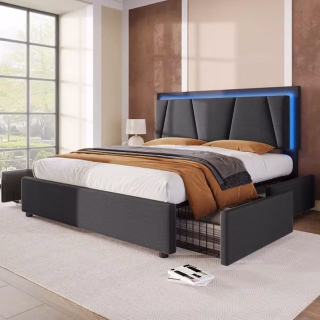 Letto 160x200 cm con testiera regolabile; LED e 4 cassetti in legno grigio