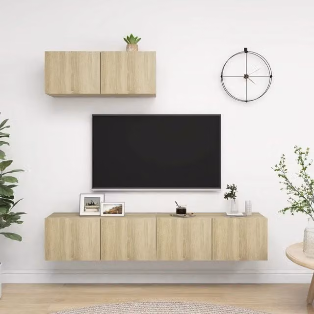 Set di 3 Mobili Porta TV Moderni vidaXL in Legno Rovere e Beige, Montaggio a Parete – 1