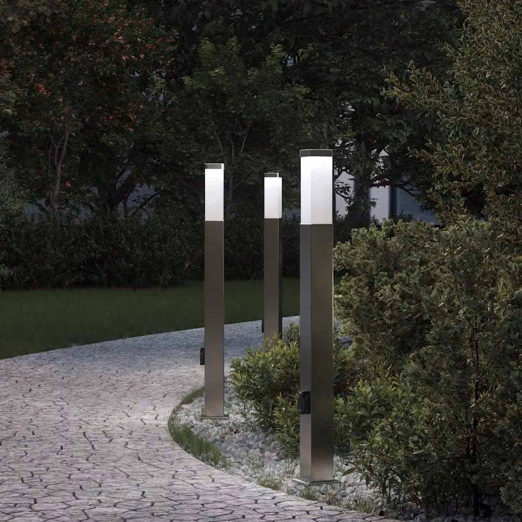Set di 3 lampioni a colonnina vidaXL in acciaio inox color argento con presa elettrica, Altezza: 80 cm, protezione IP44