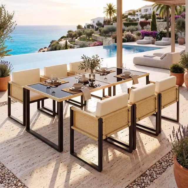 Set da pranzo da giardino 7 pezzi in rattan PE con tavolo in vetro temperato e 6 sedie