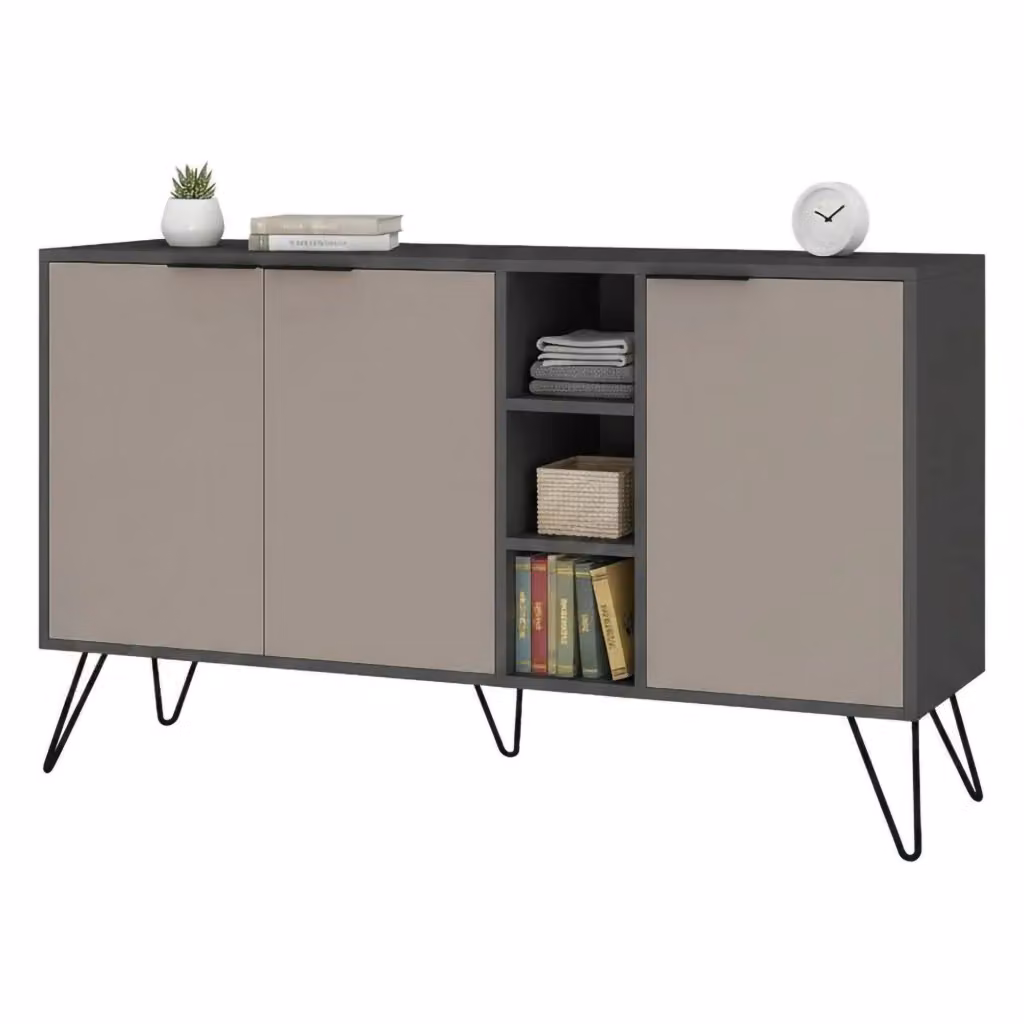 Credenza Alin DMORA, Buffet e Madia da Soggiorno o Cucina, Antracite e Beige, L: 142 cm, P: 35,6 cm, H: 83 cm – 2