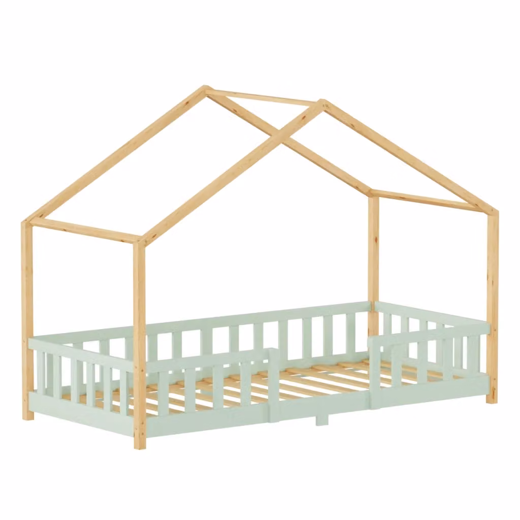 Letto per cameretta Treviolo en.casa a forma di casetta in stile Montessori, legno di pino, Verde Menta e Beige, L/P/H: 200 x 90 x 120 cm – 2
