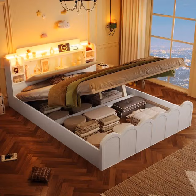 Letto contenitore 140x200 cm bianco con LED; USB-C e testiera imbottita