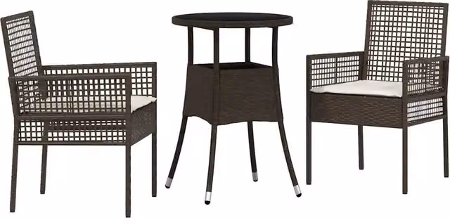Set da pranzo da giardino moderno in polyrattan marrone con tavolo in vetro per 3 persone
