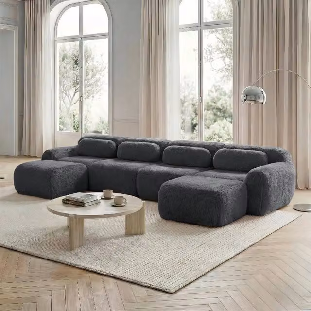 Divano Modulare a U Minimal con Cuscini in Velluto Grigio ed Ergonomico
