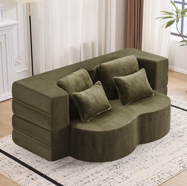 Divano letto pieghevole ULEVR verde con 4 cuscini, futon 2 in 1 in schiuma e molle