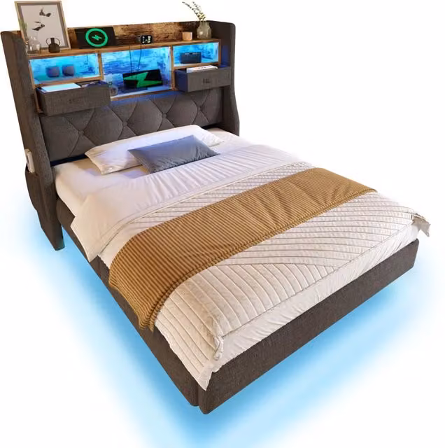 Letto singolo 90x200 cm con LED; ricarica USB e USB-C; testiera contenitore in lino grigio