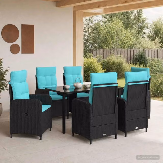 Set da pranzo per giardino e terrazza vidaXL in polyrattan da 7 pezzi, nero e turchese
