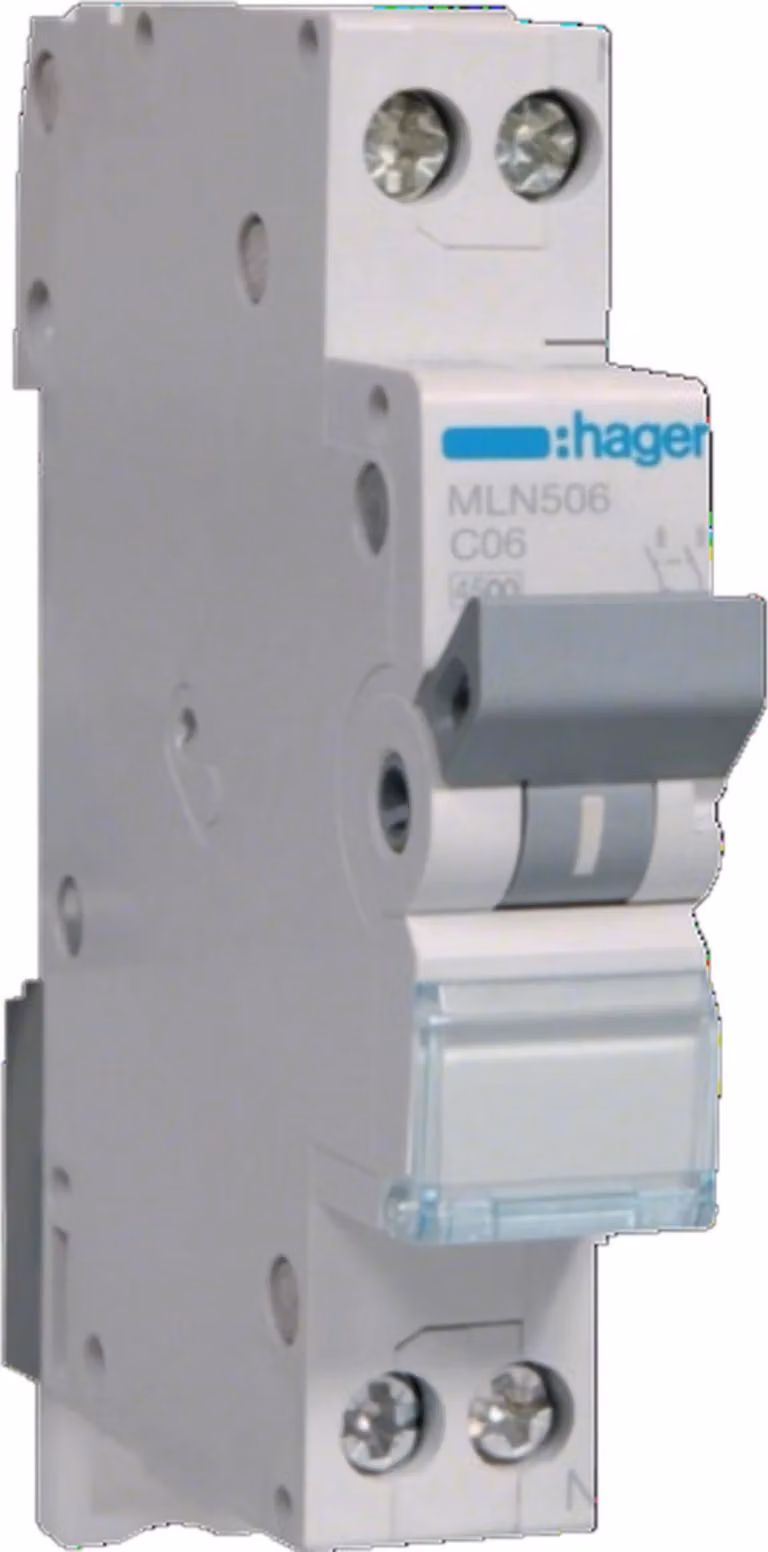 Interruttore Hager LS 1P+N 6kA caratteristica C 6A Hager MLN506, 1 pz.