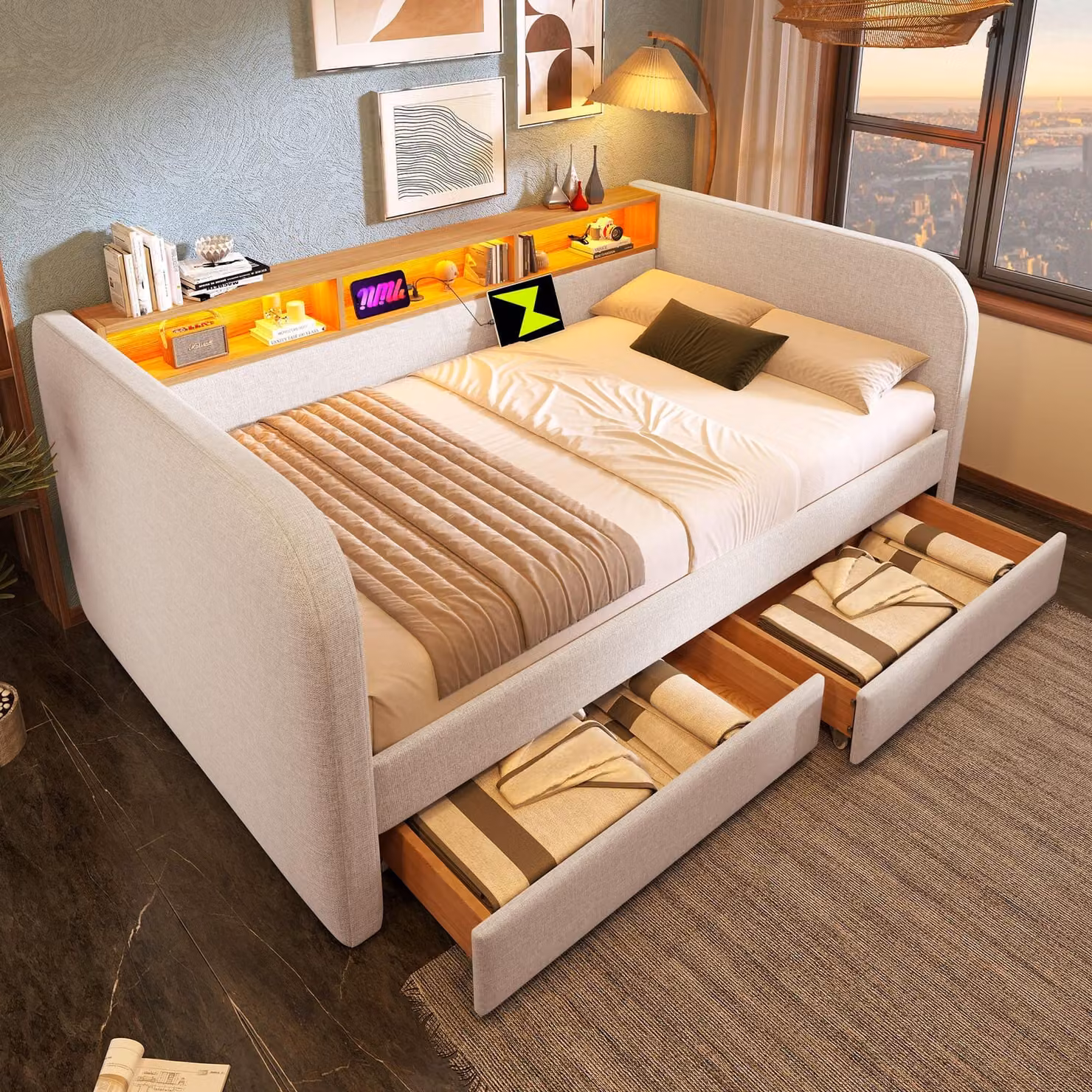 Flieks letto imbottito divano letto 140x190cm con funzione di ricarica (USB e tipo c), letto matrimoniale con LED e 2 cassetti, biancheria funzionale, beige