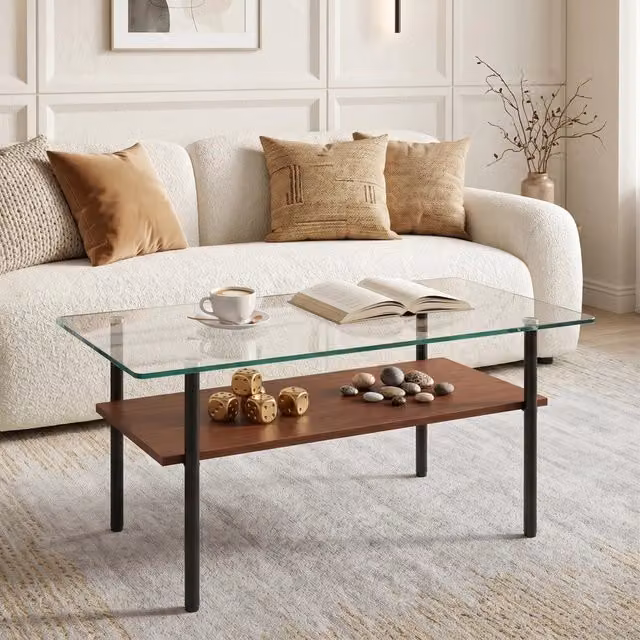 Tavolino da Salotto Moderno Rettangolare, Piano in Vetro e Ripiano MDF, Struttura in Metallo, 2 Livelli con Spazio Contenitore, Nero/Legno, H45xL98xP58 cm
