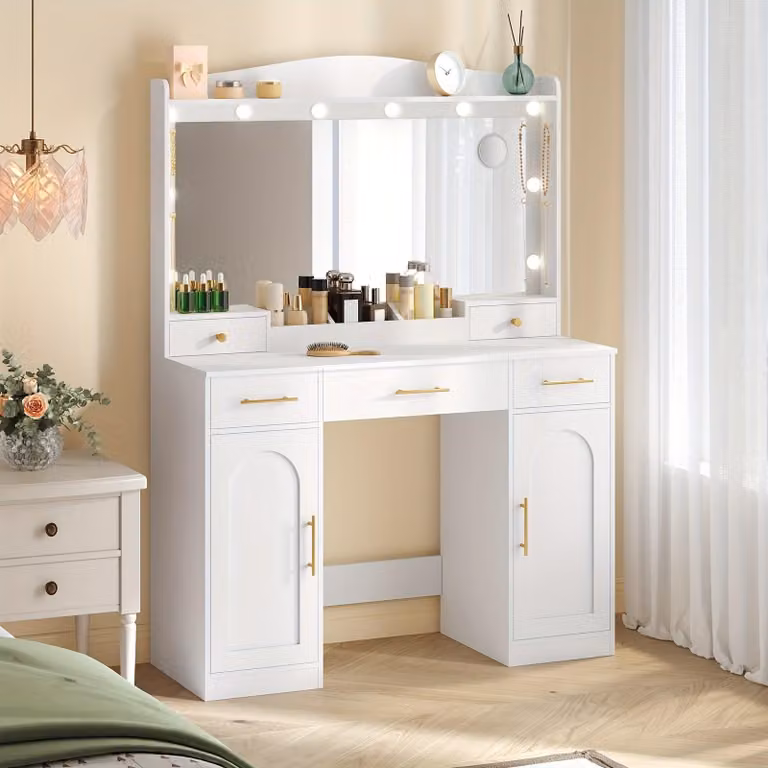 Comò con grande specchio e lampade a LED regolabili, di colore bianco