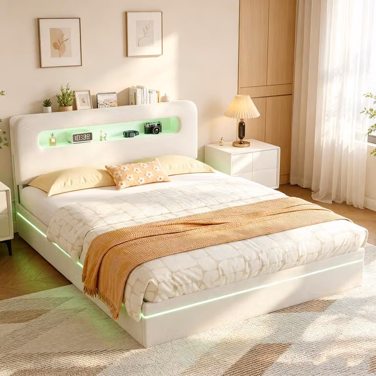 Letto imbottito INONEFT 160x200 con spazio contenitore e luci LED, letto con sistema di sollevamento idraulico, letto matrimoniale, struttura letto, letto con rete a doghe, velluto, beige