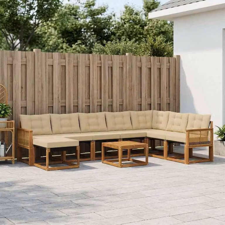 Set di divani da esterno vidaXL 9 pz a forma di U in legno di acacia con tavolino e pouf, colore marrone e beige