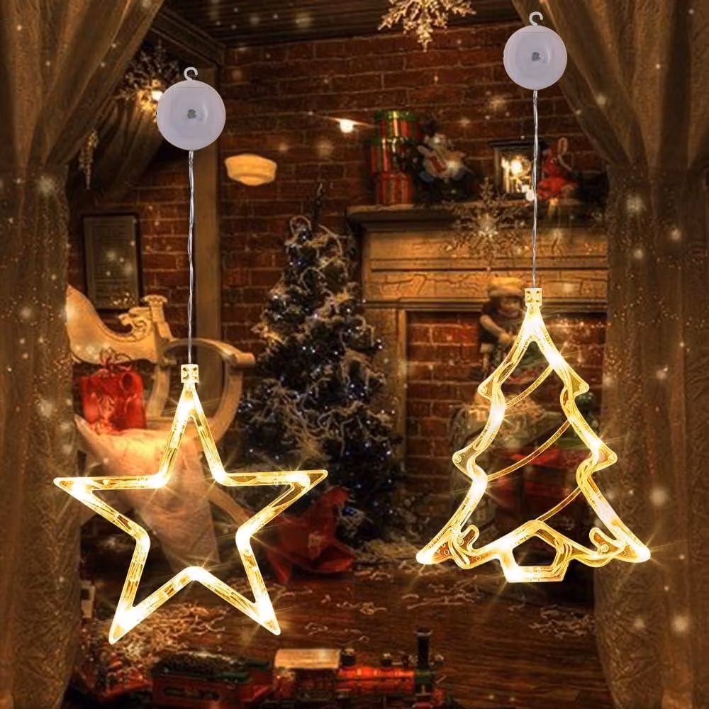 Due luci decorative a LED per finestre, a forma di stella e albero, luce bianca calda