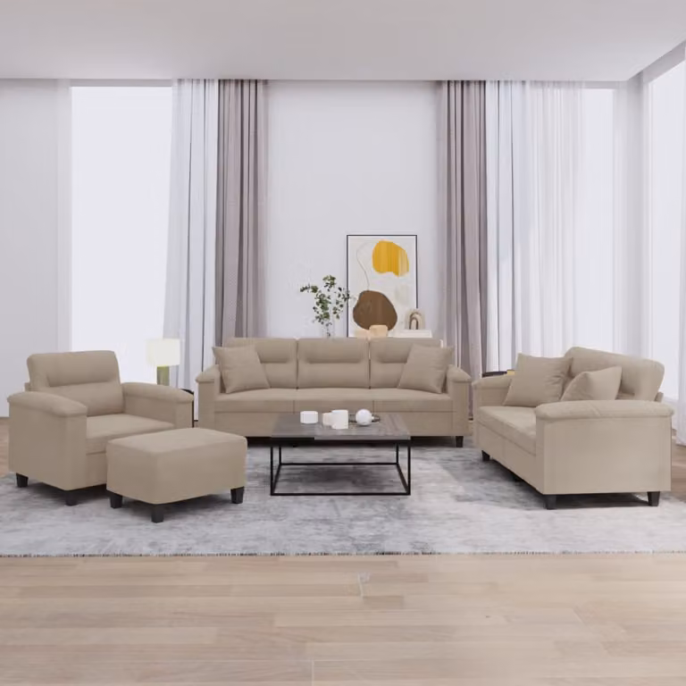 Set di Divani 4 Pezzi vidaXL in Microfibra Beige con Cuscini e Pouf per Soggiorno
