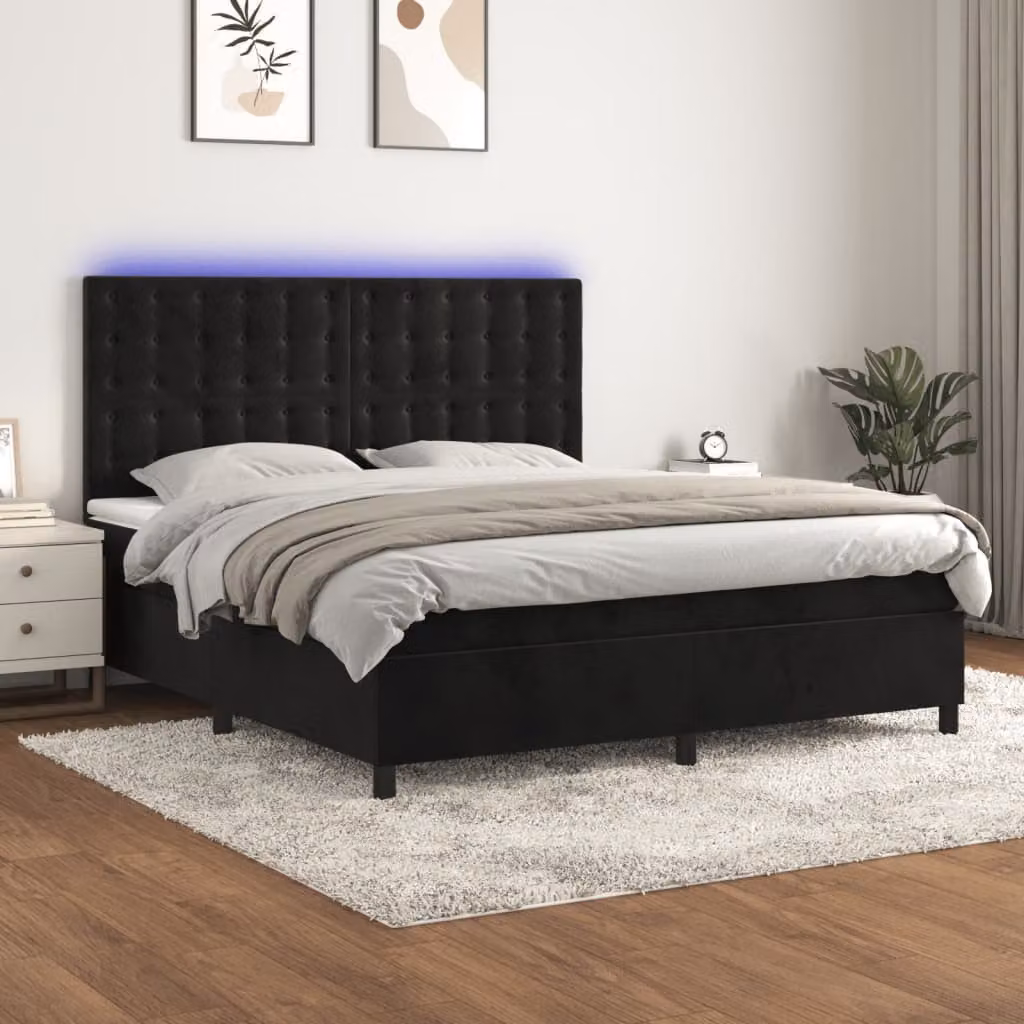 Letto Ibrido vidaXL con Materasso e Illuminazione LED in Velluto Nero L/P: 160 x 200 cm – 1