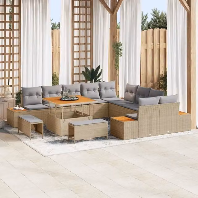Set Divano da Giardino vidaXL 13 Pezzi Beige con Tavolino e Cuscini a Forma di U – 1