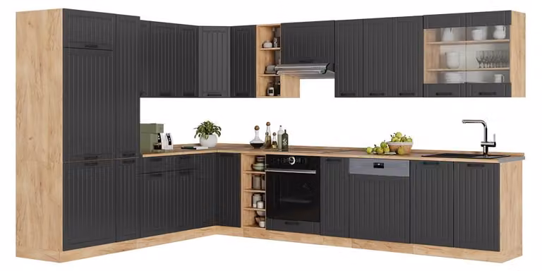 Cucina angolare completa Vicco Fame-Line Grigio scuro/Rovere dorato 347 x 257 cm, PL Marmo, Model 57201
