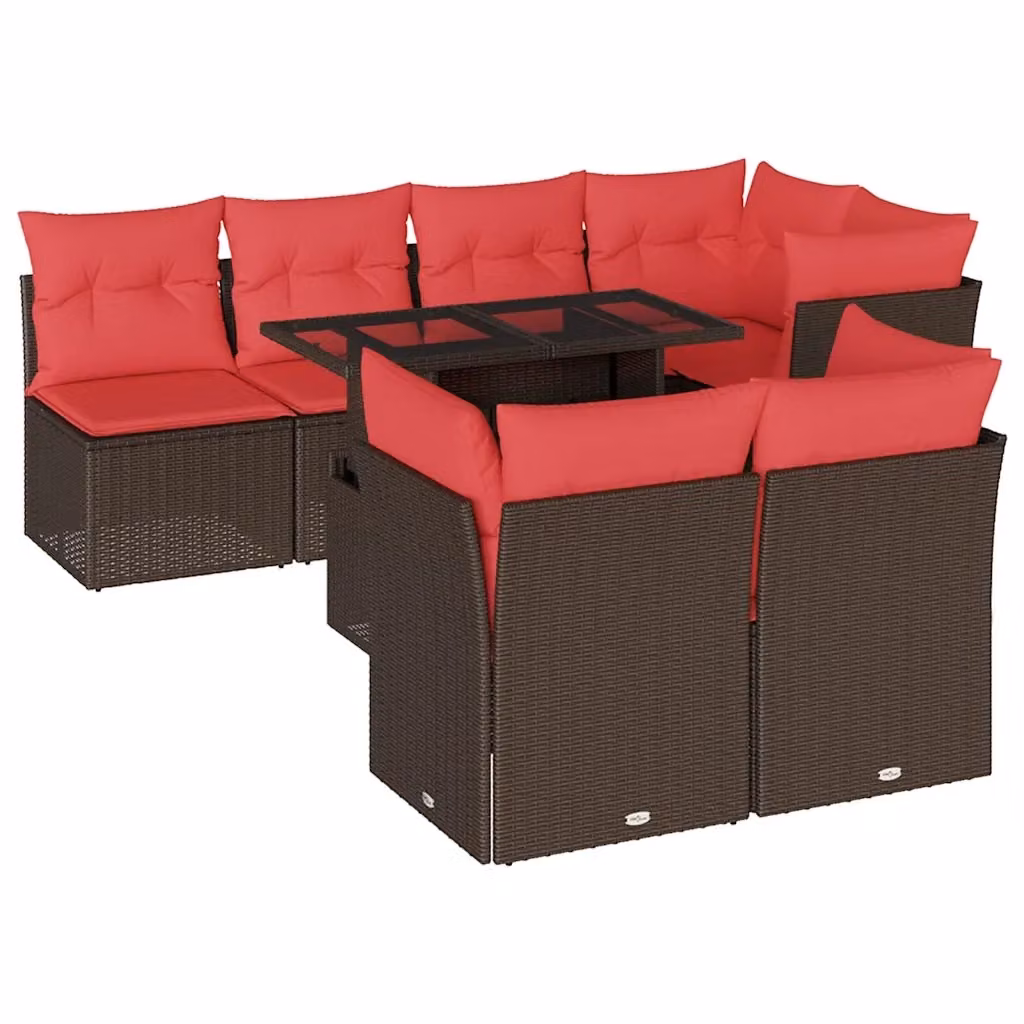 Set di divani da giardino vidaXL composto da 8 pezzi con cuscini in rattan e metallo, colore marrone e rosso, design moderno per esterno – 2