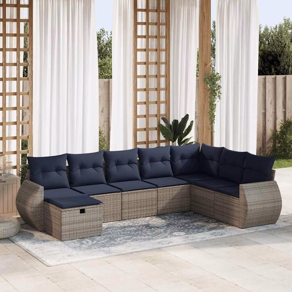 Set Divano da Giardino L-Shape vidaXL 8 pz in Polyrattan Grigio con Cuscini e Ottoman
