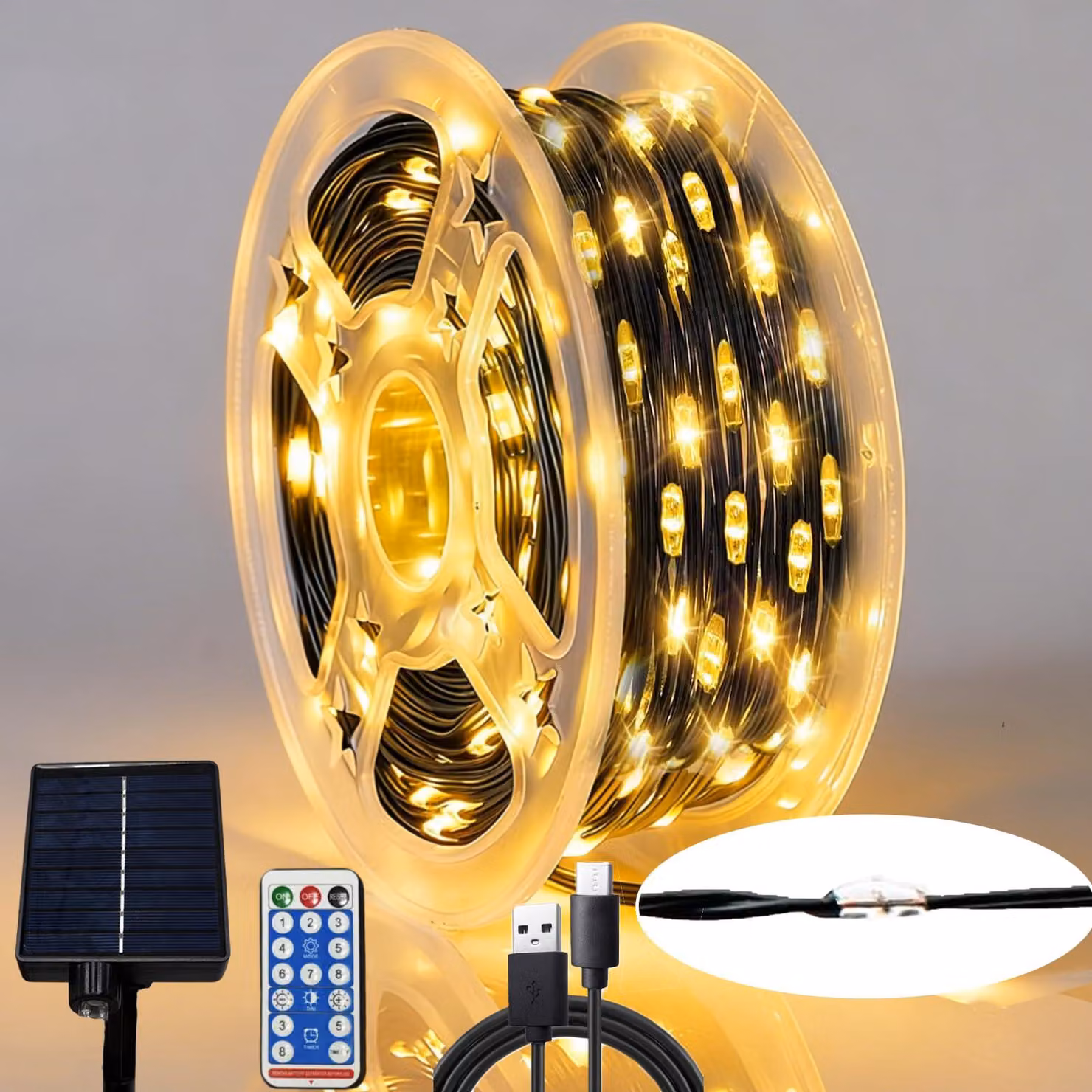 Catena luminosa solare, 300 LED, colore nero, confezione singola